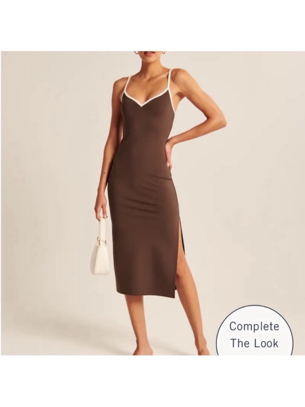 Abercrombie & Fitch Brown Midi Slip Dress with White Trim - Picture 1 of 4